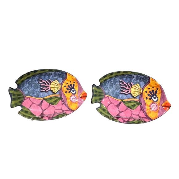 Set of 2 Cape Craftsmen Ceramic Fish Platters, Coastal Nautical Serving Trays - Picture 1 of 11